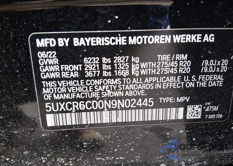 2022 BMW X5 xDrive40I from USA, damaged, VIN 5UXCR6C00N9N02445